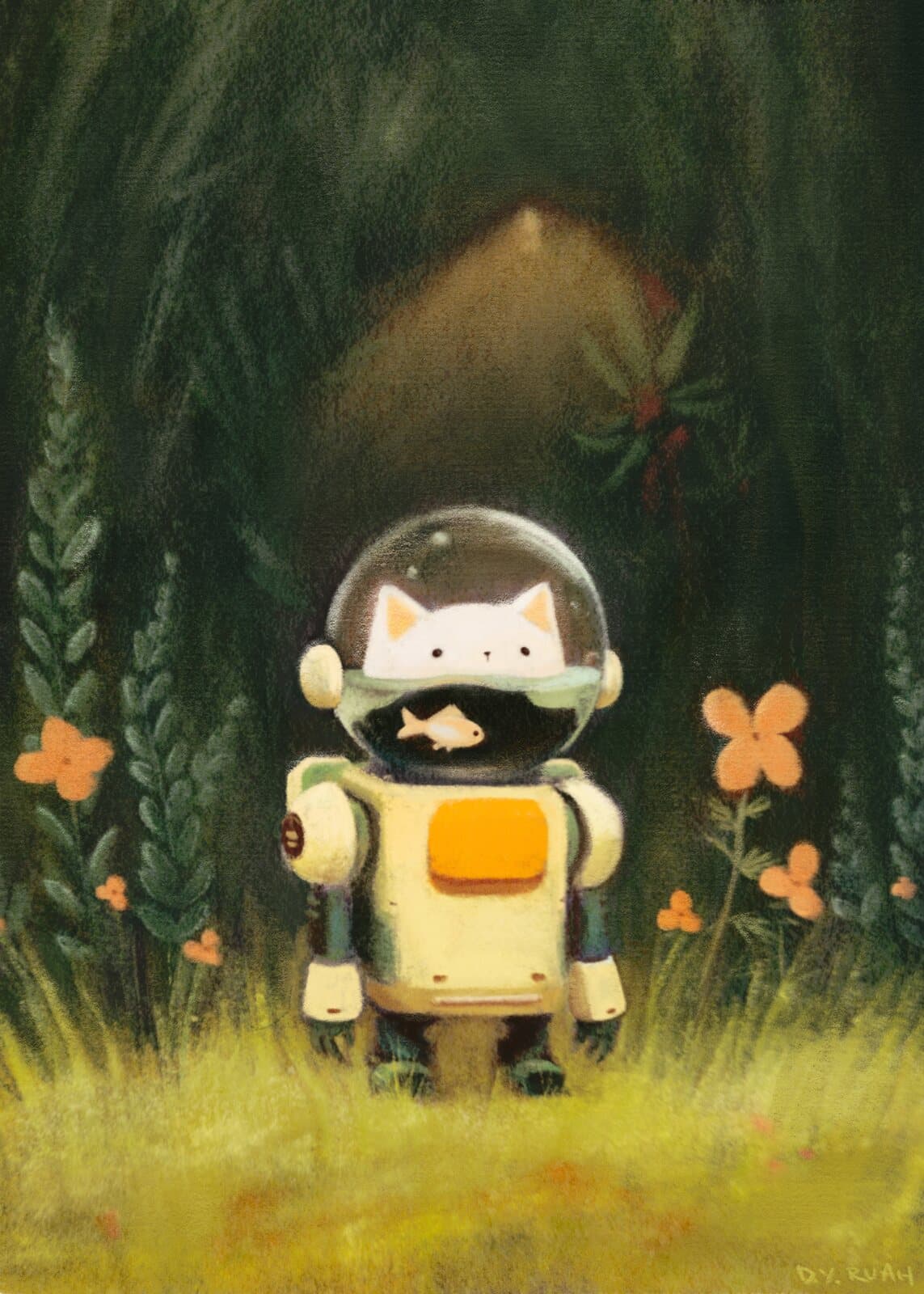 Cat in a fishbowl-style astronaut suit in a forest, digital illustration by D. Y. Ruah
