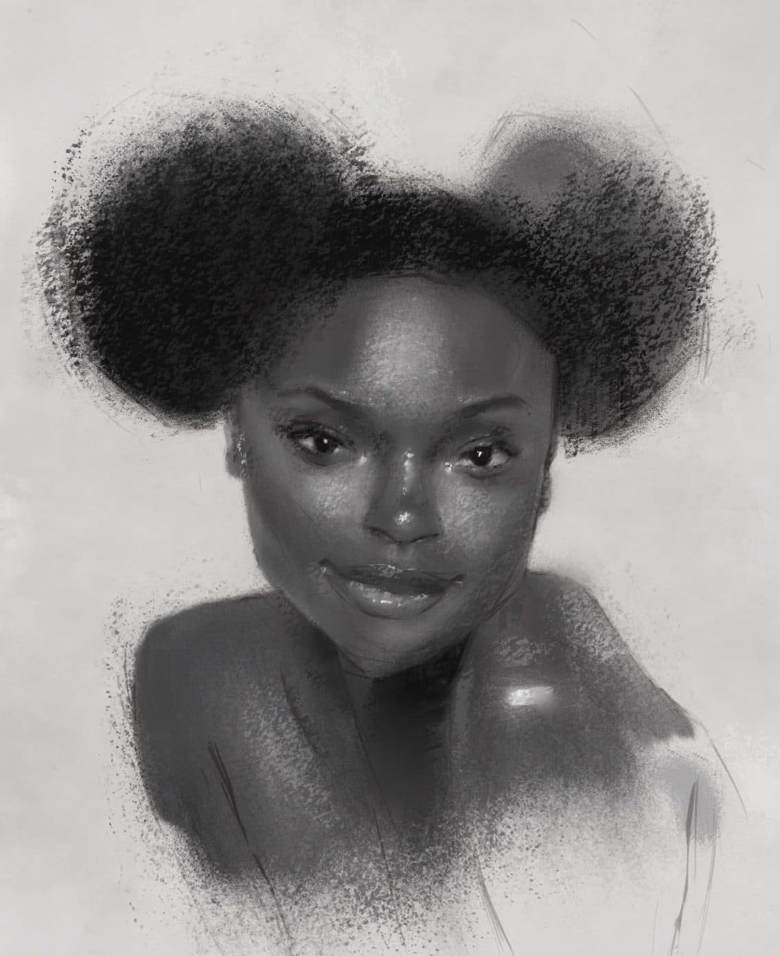 Charcoal portrait with textured shading, digital illustration by D. Y. Ruah