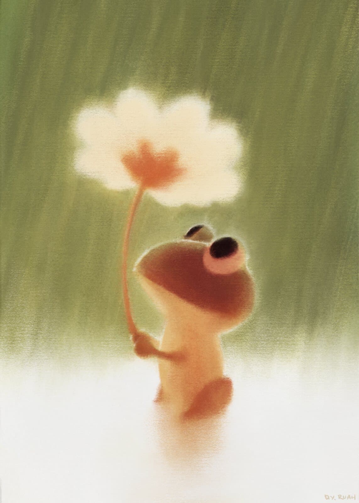 Frog holding a flower umbrella in a misty forest, digital illustration by D. Y. Ruah