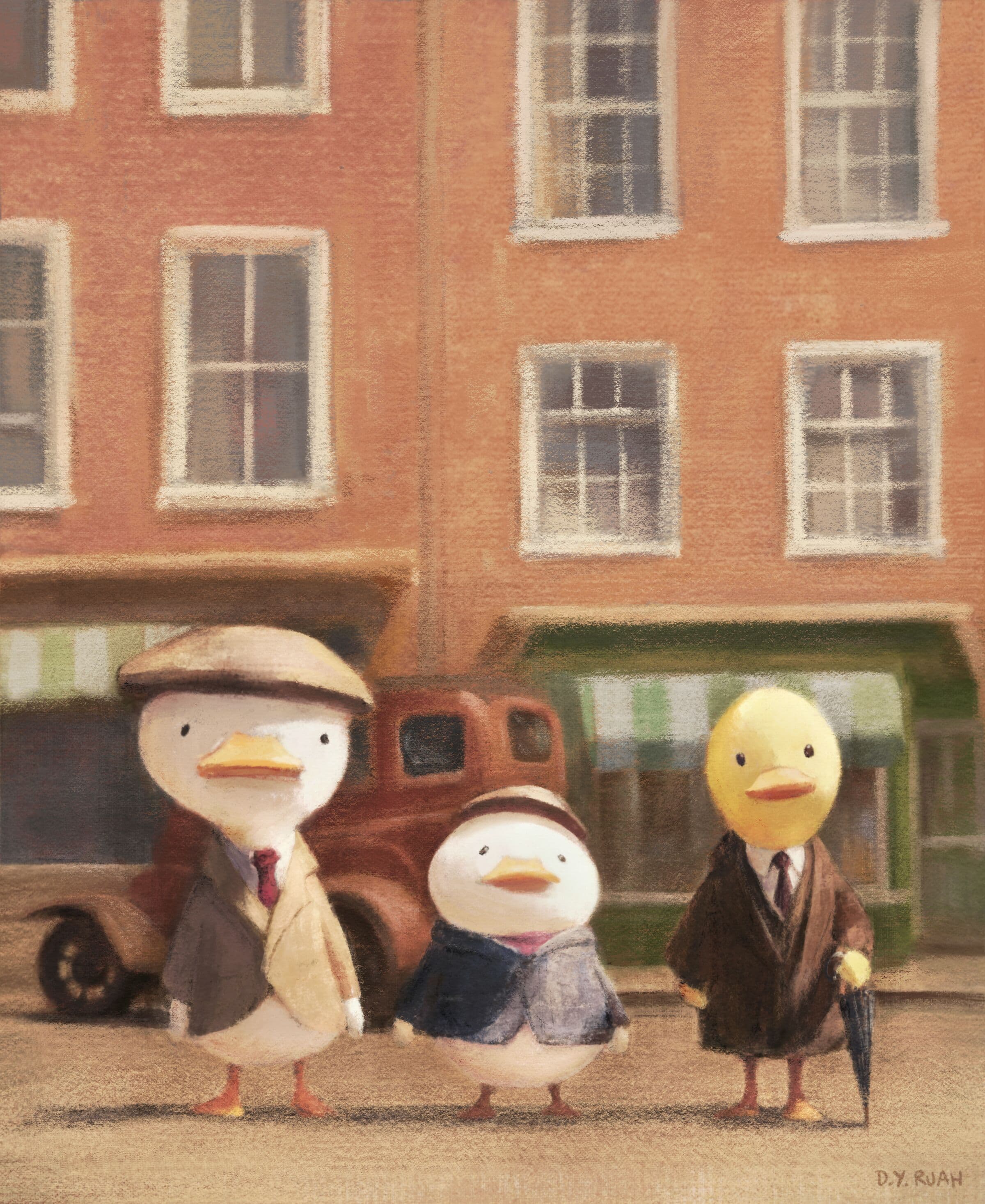 Duck friends walking through town, digital illustration by D. Y. Ruah